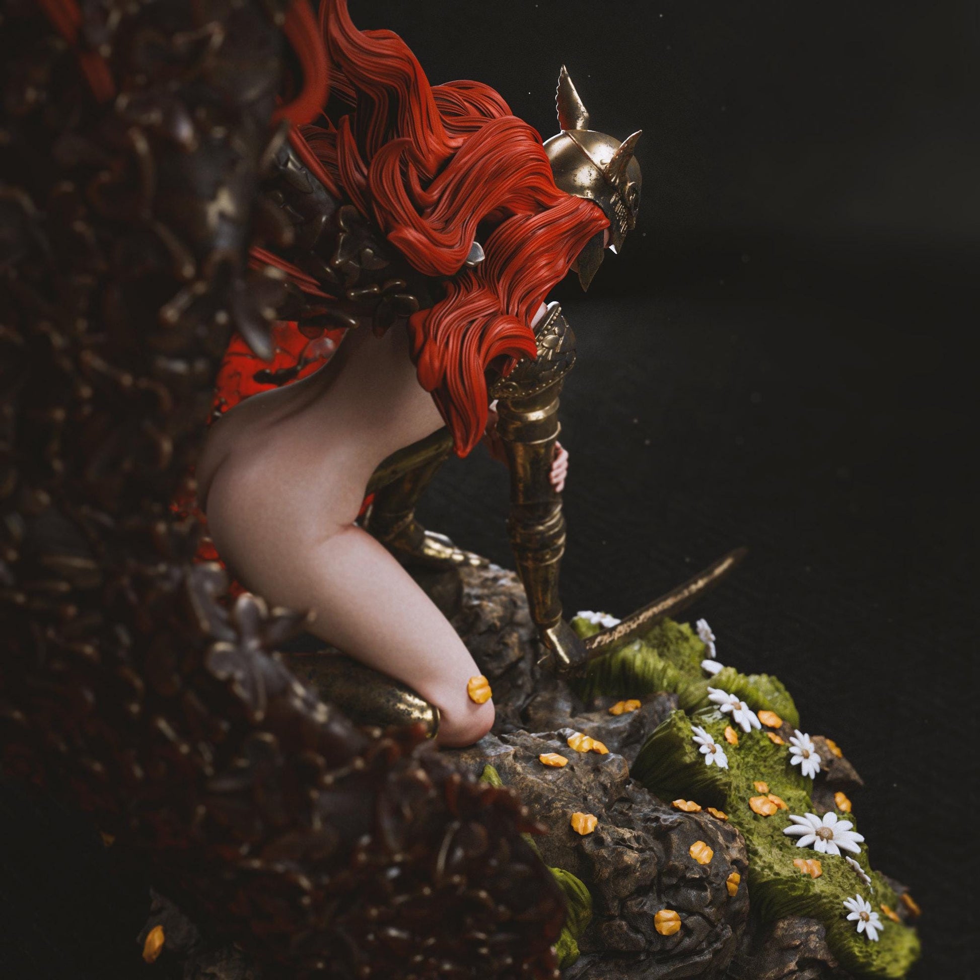 a close up of a statue of a woman with red hair