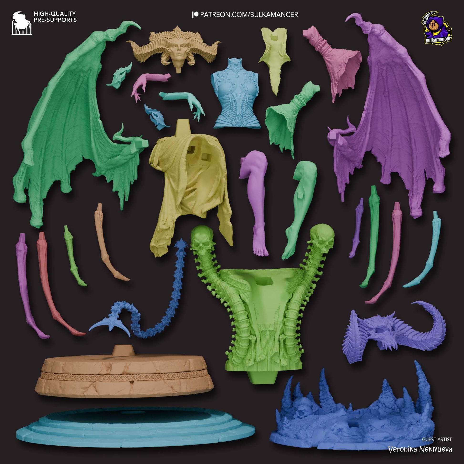 a bunch of different colored plastic toys on a black background