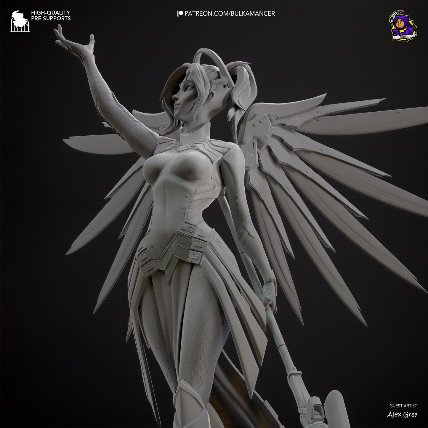 a statue of a woman with wings and a gun