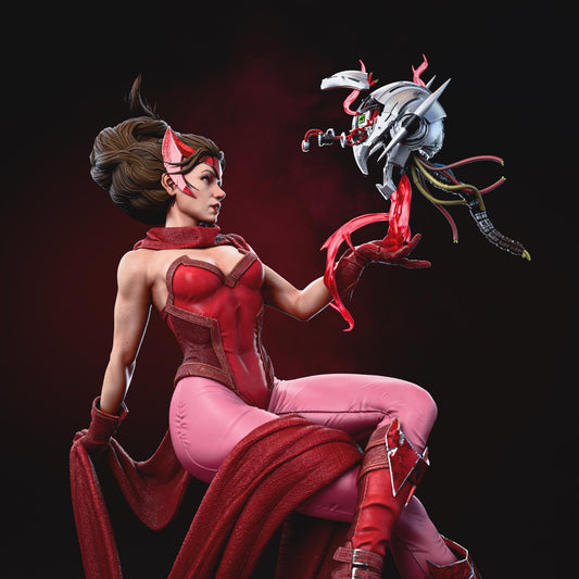 a woman in a red outfit holding a red object