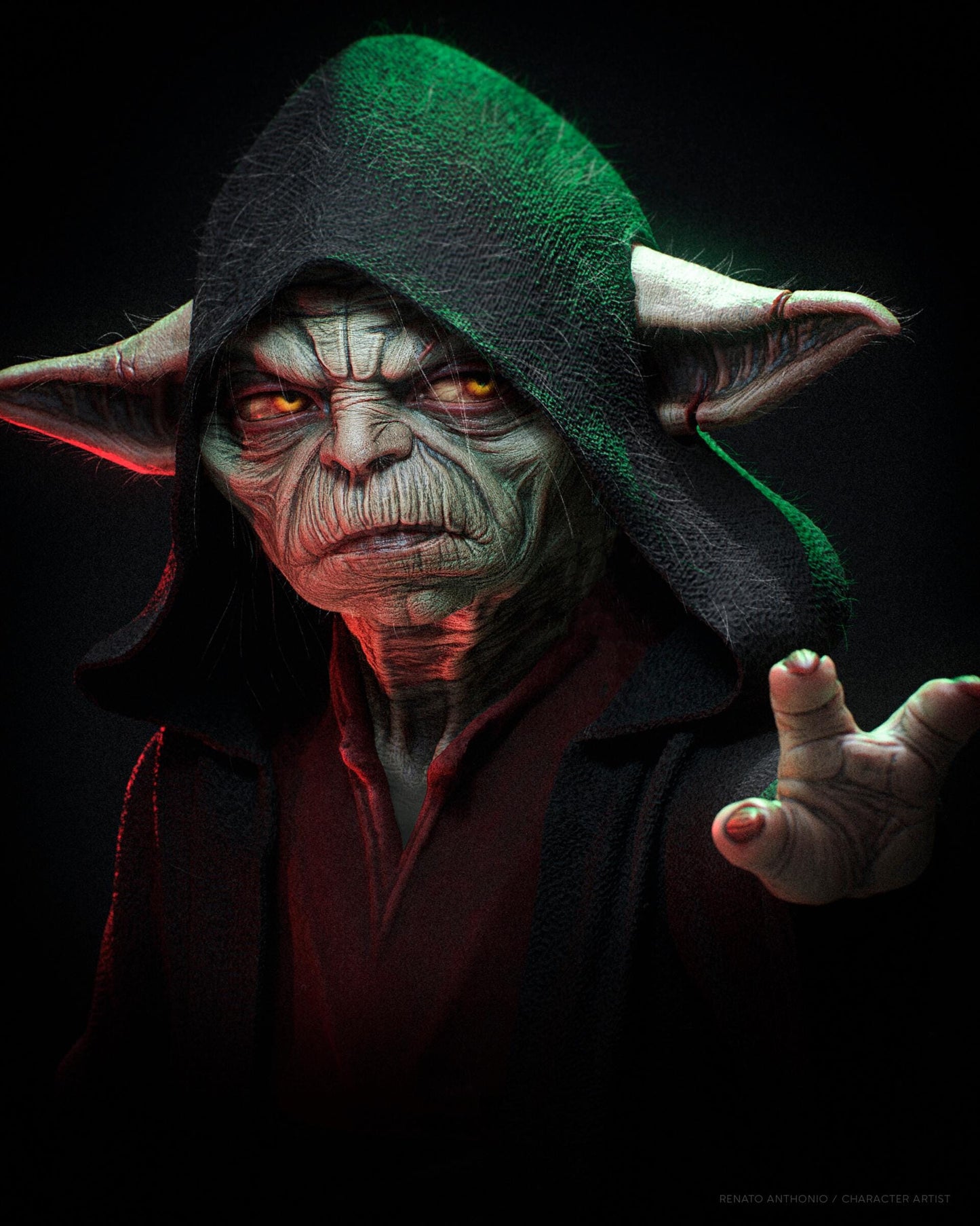 a star wars character with a green hat on