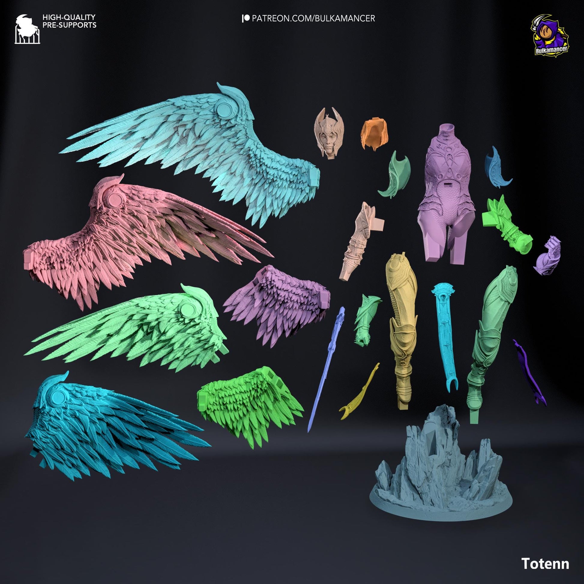 a bunch of different colored wings on a black background