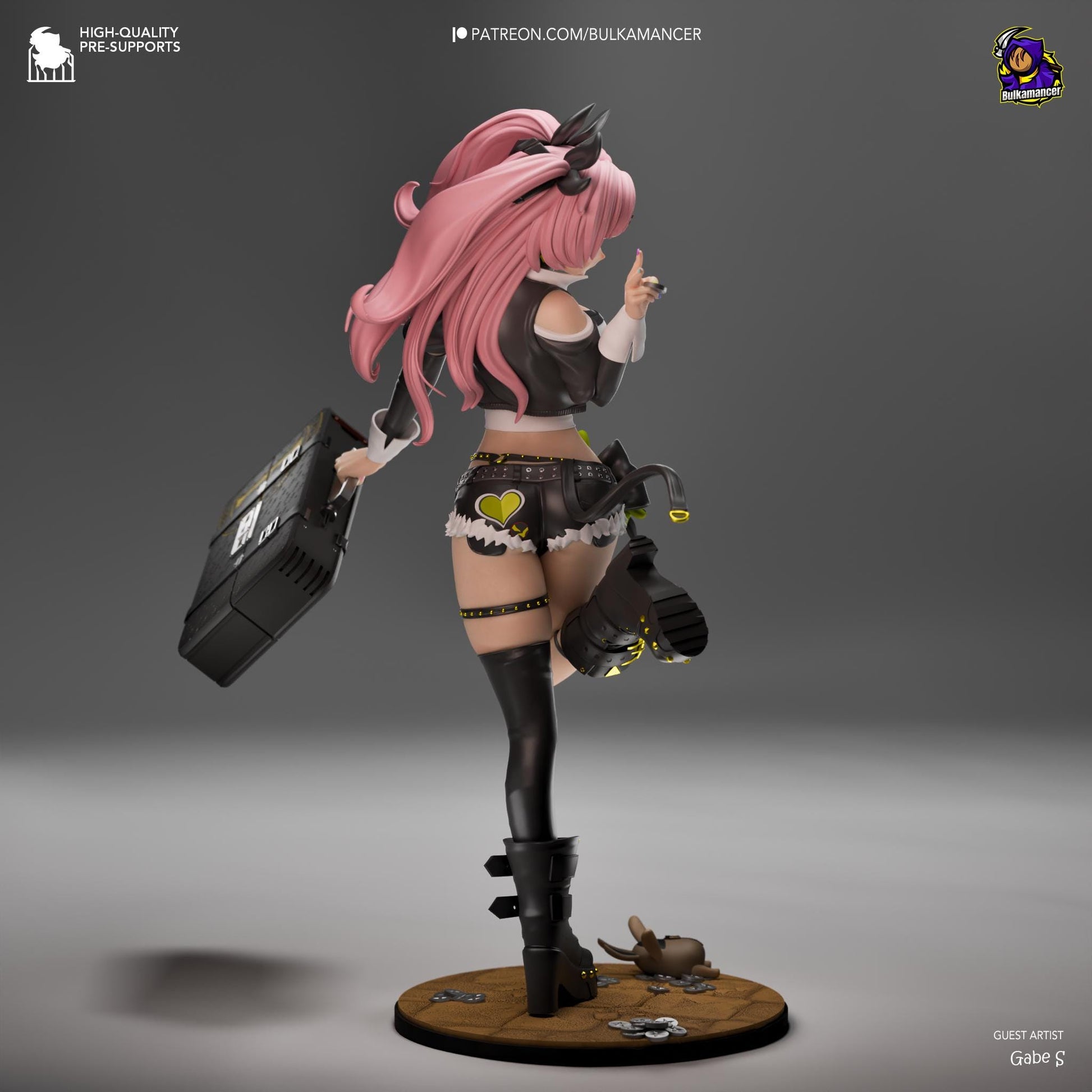 a figurine of a woman with pink hair holding a briefcase