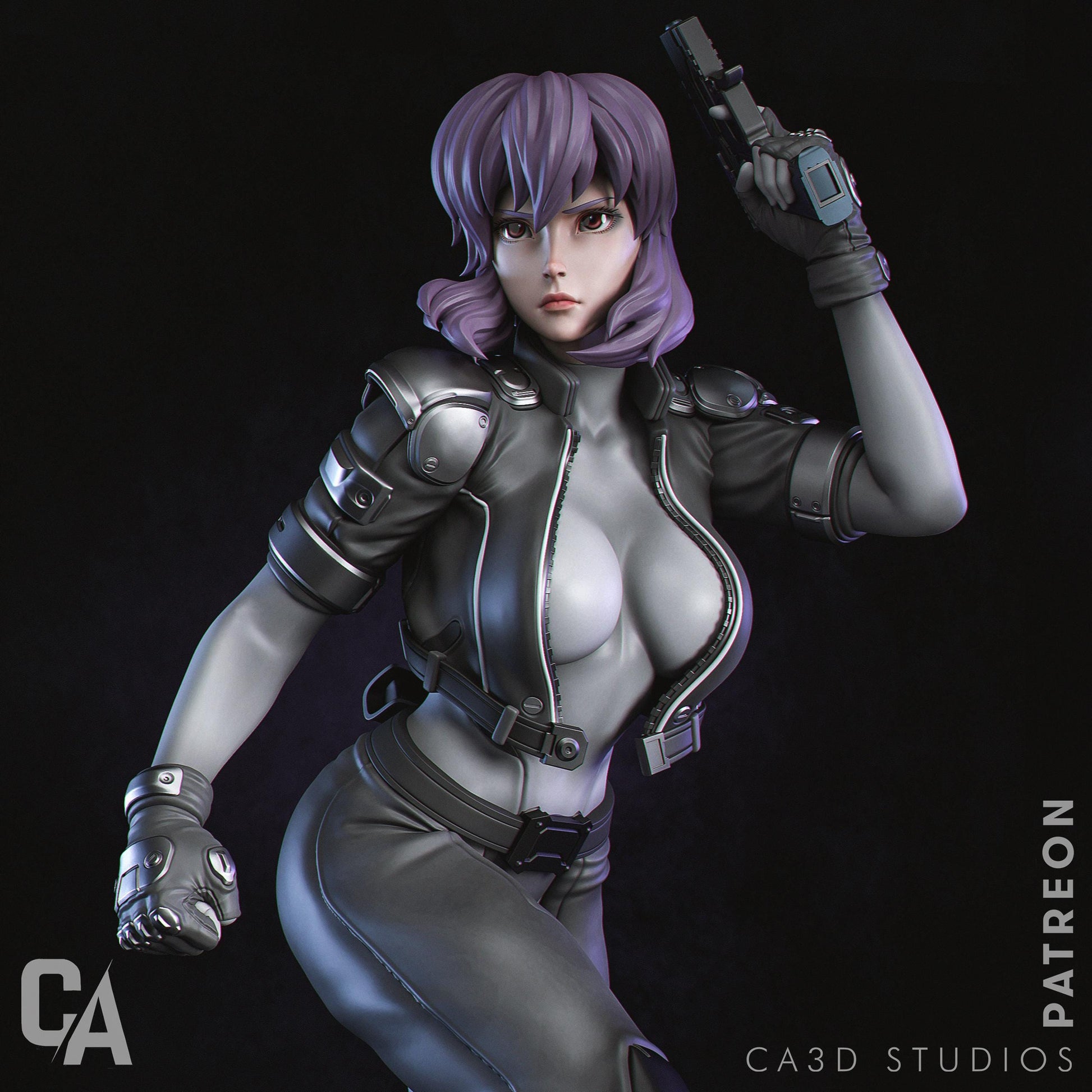 a woman in a futuristic suit holding a gun
