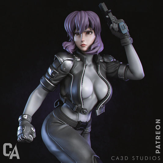 a woman in a futuristic suit holding a gun
