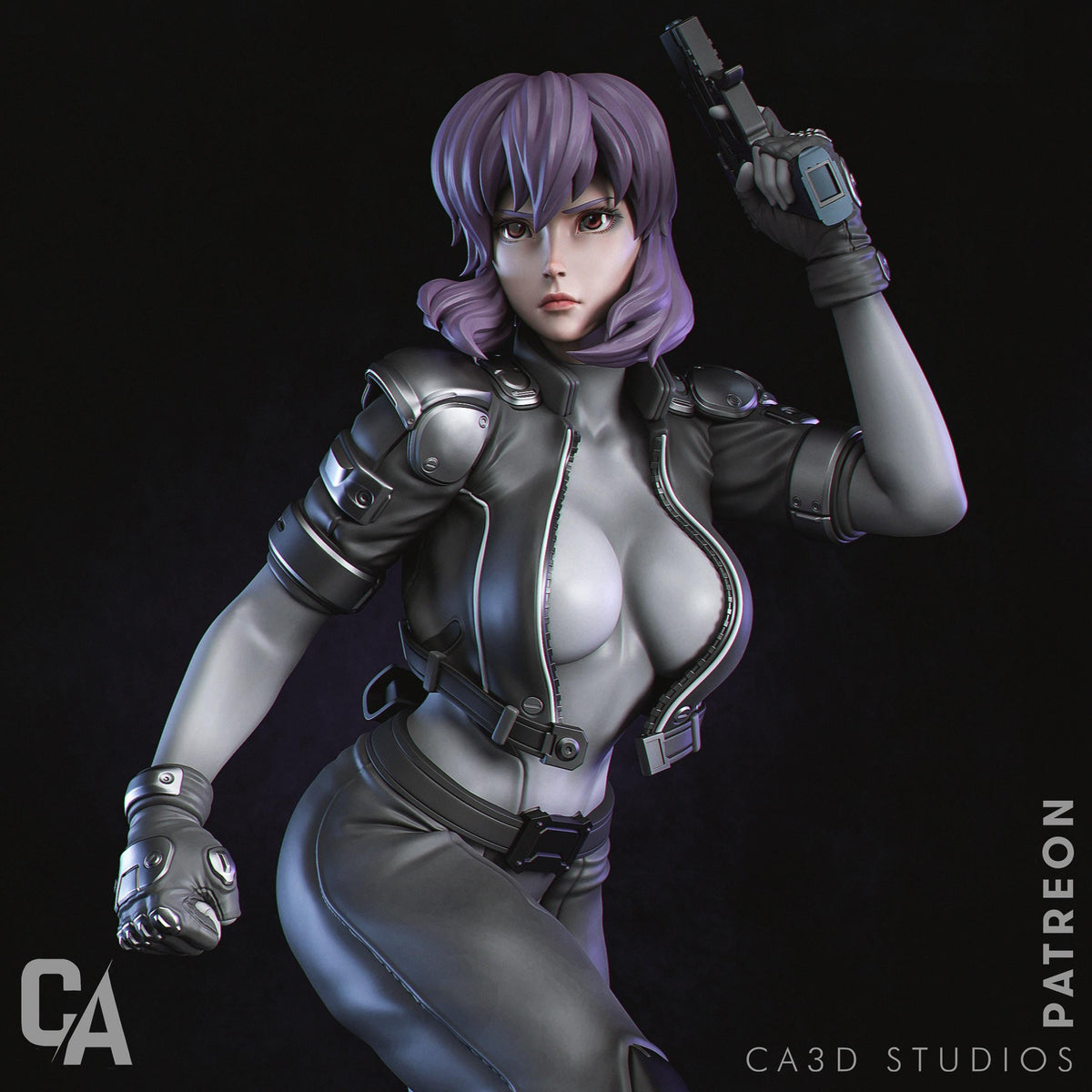 a woman in a futuristic suit holding a gun