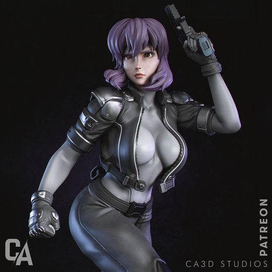 a woman in a futuristic suit holding a gun