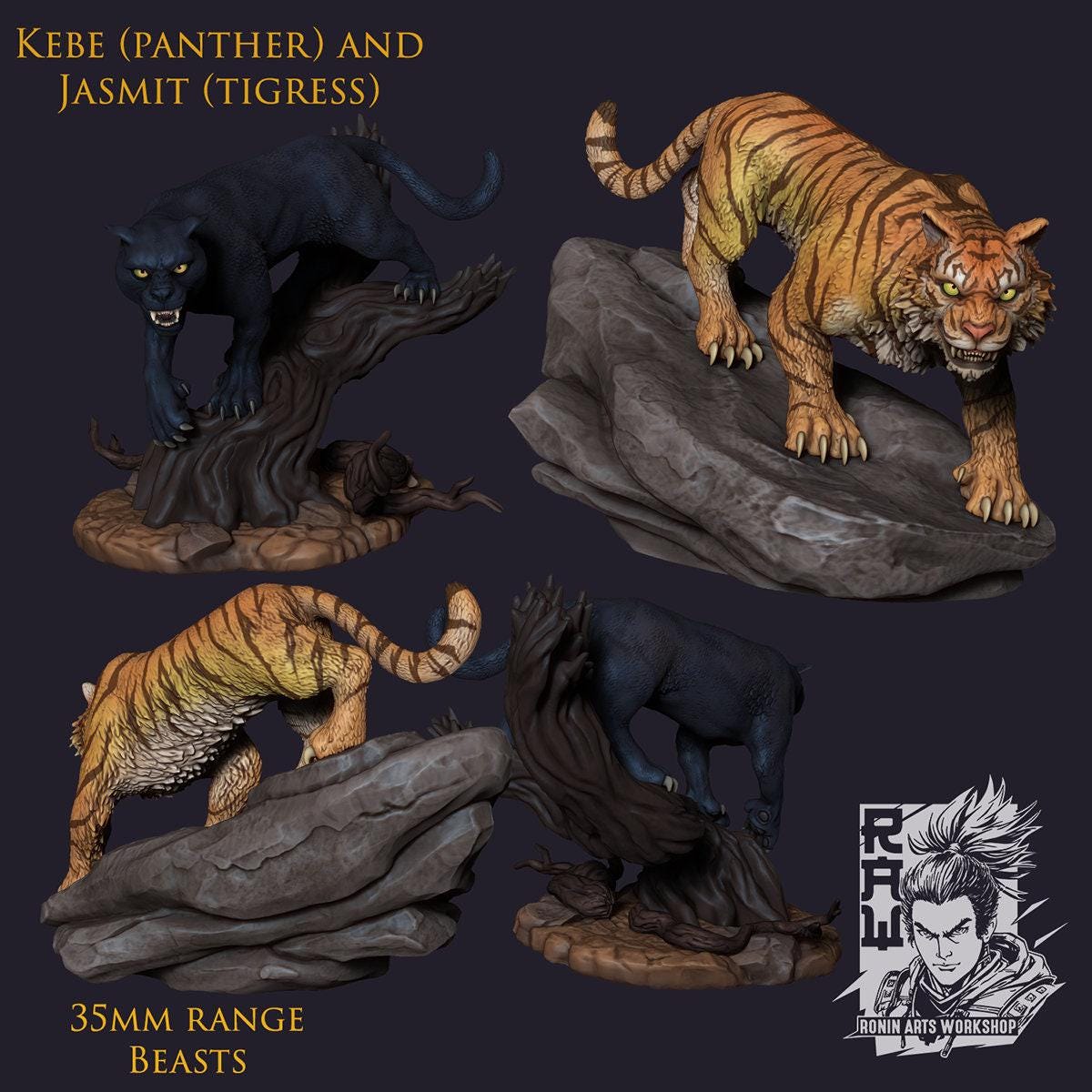 Panther and Tiger Collectible Miniature, 35 mm, Feline Fury, Tabletop miniatures, Collectible figurines, Pathfinder, dungeons and dragons