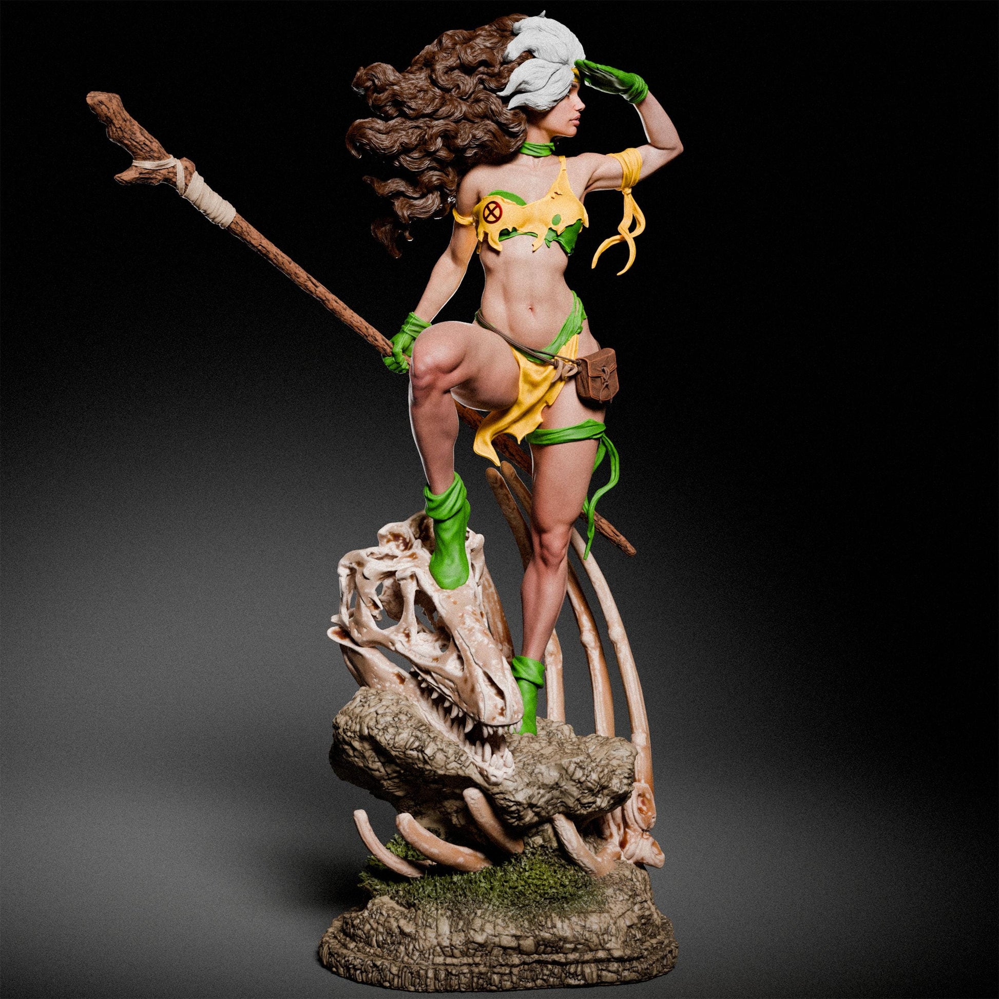 a statue of a woman in a bikini holding a spear