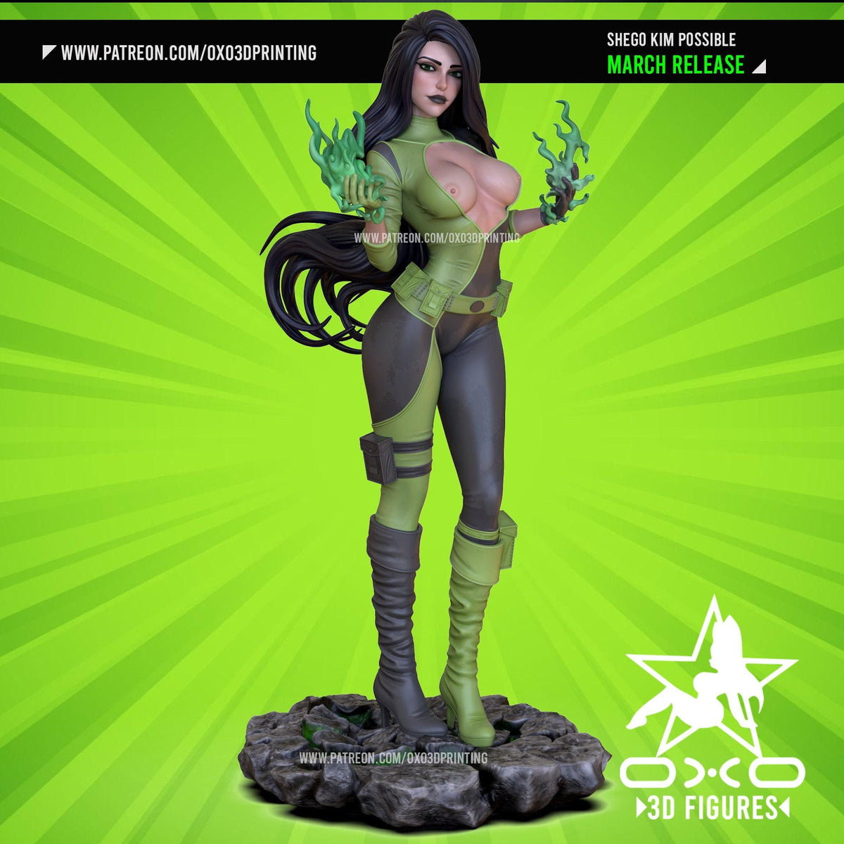 Shego NSFW 3D Printed Statue – Mature Energy Blast Villainess Resin Collectible, Made to Order for Adult Collectors