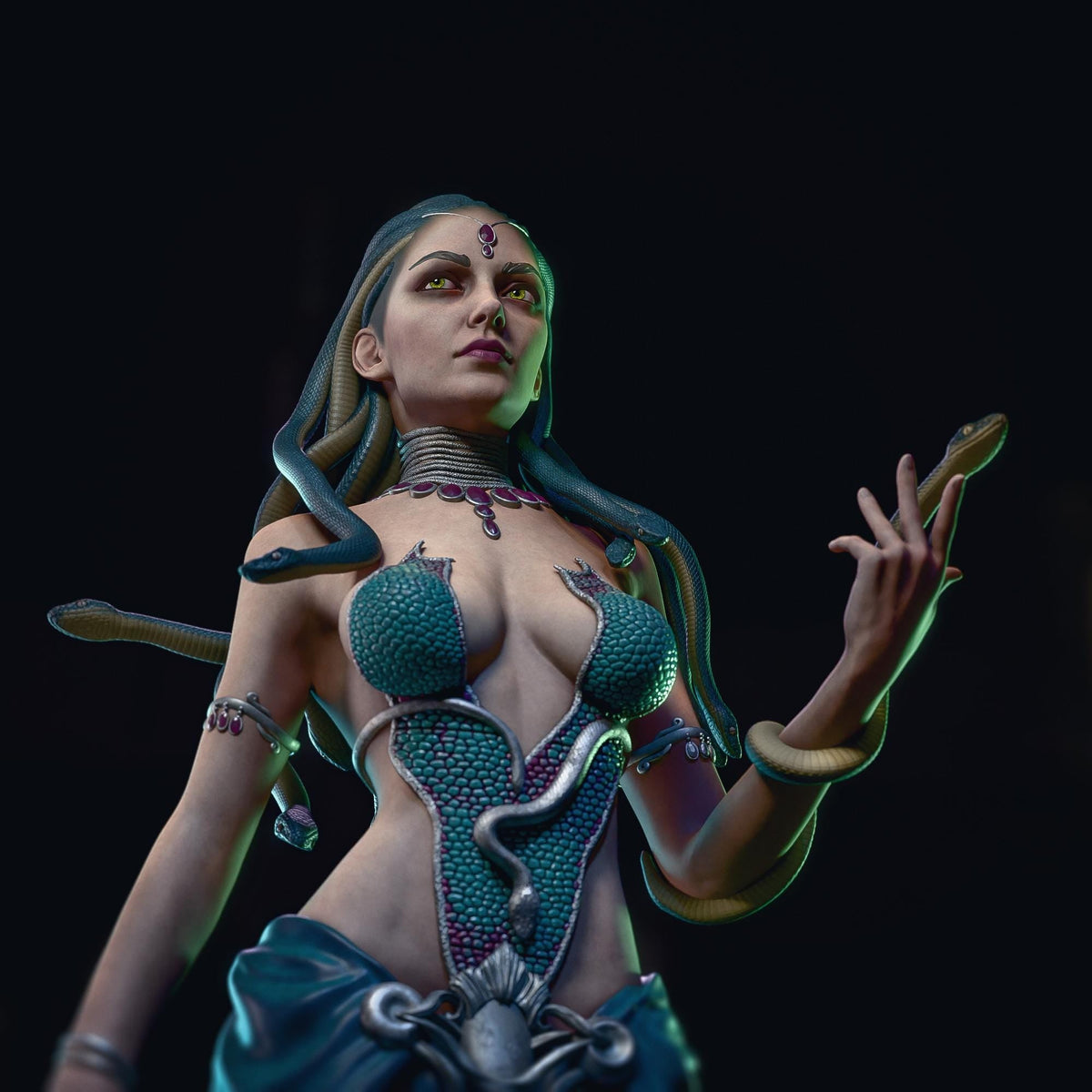 a woman with a snake around her neck
