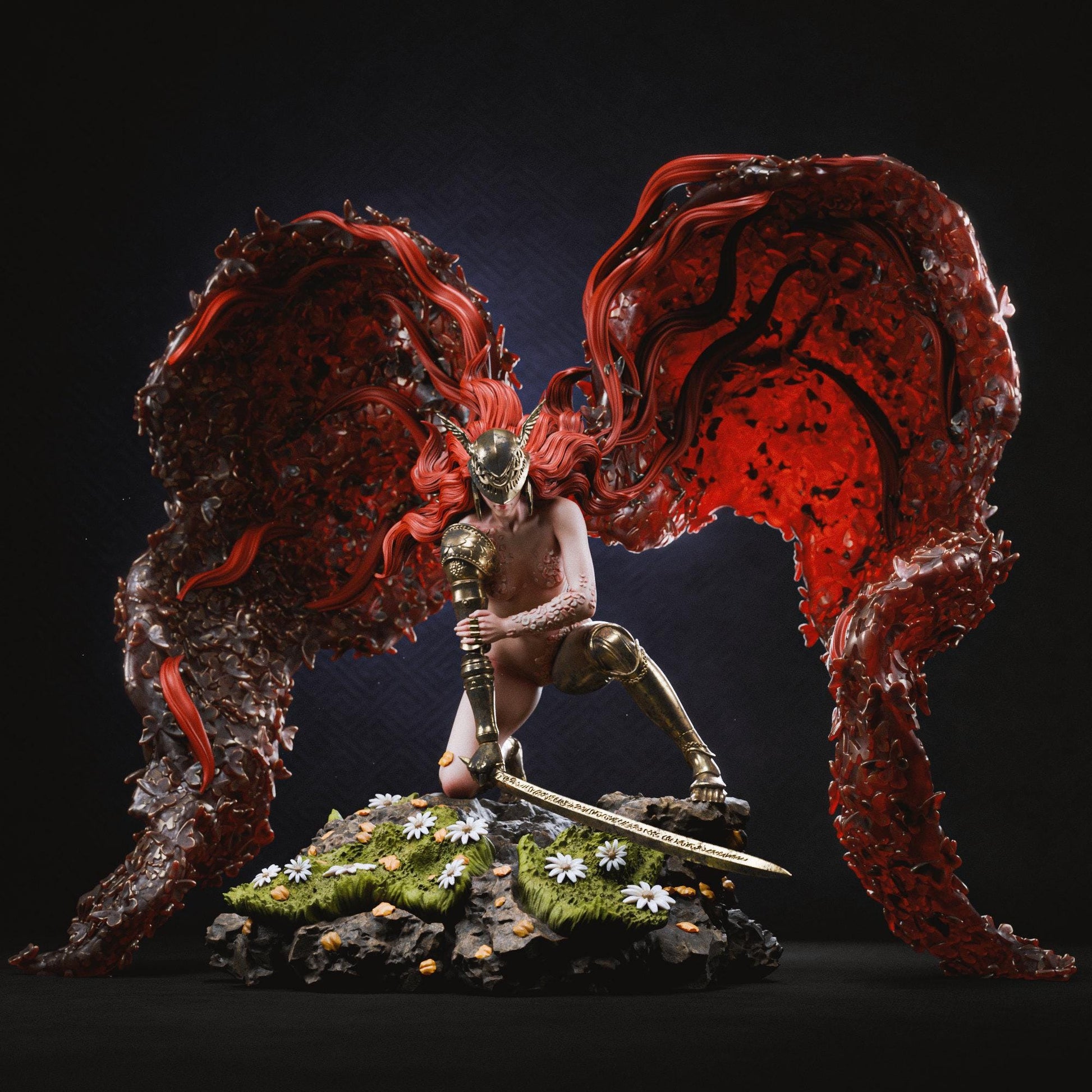 a statue of a woman with red hair and wings