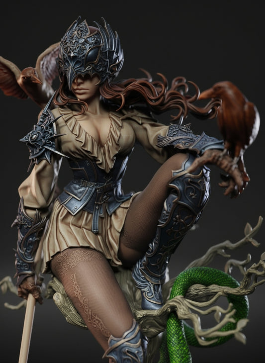 Leona Fantasy Warrior Statue with Raven Companions | 3D Printed Collectible Figure (Painted/Unpainted)